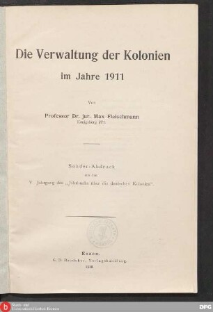 5: Die Verwaltung der Kolonien im Jahre 1911