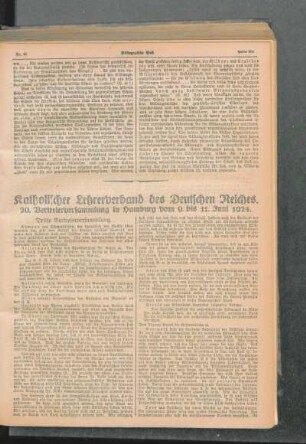 Katholischer Lehrerverband des Deutschen Reiches : 20. Vertreterversammlung in Hamburg vom 9. bis 11. Juni 1924