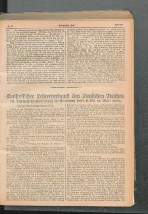Katholischer Lehrerverband des Deutschen Reiches : 20. Vertreterversammlung in Hamburg vom 9. bis 11. Juni 1924