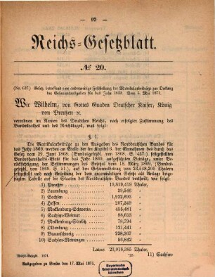 Reichsgesetzblatt. 1871, ab Nr. 19