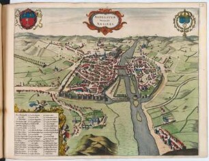 Vogelschaubild von Angers, kolorierter Kupferstich, um 1682 : Andegavum Vernaculo Angiers. - [Nicht maßstäbig]. - [Amsterdam] : [Bÿ d' Erfsgenamen van Joannes Janssonius van Waesberge], [1682]. - 1 Vogelschaubild. : Kupferstich. ; 51 x 41 cm +++ Mit Gebäudeverz.