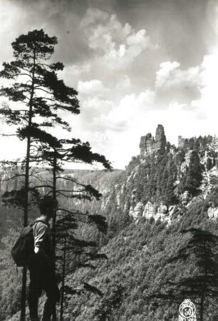 Sächsische Schweiz, Rathener Gebiet. Wanderer (Walter Hahn) am Honigsteinmassiv. Blick zur Lokomotive
