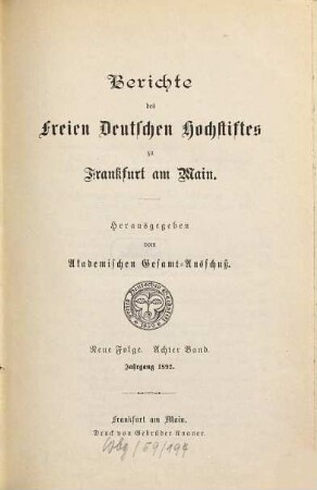 Berichte des Freien Deutschen Hochstiftes zu Frankfurt am Main, 8. 1892