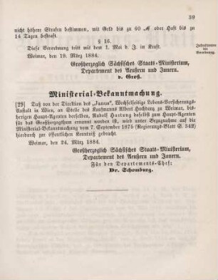 29. Ministerial-Bekanntmachung, den Wechsel in der Haupt-Agentur des "Janus" Wechselseitige Lebens-Versicherungs-Anstalt in Wien betreffend