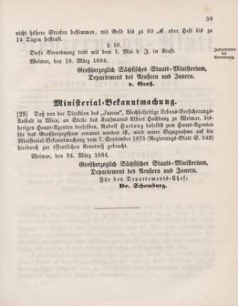 29. Ministerial-Bekanntmachung, den Wechsel in der Haupt-Agentur des "Janus" Wechselseitige Lebens-Versicherungs-Anstalt in Wien betreffend