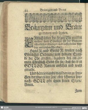 Bräutgam und Braut zu trauen und segnen