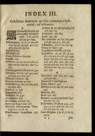 Index III. exhibens Autores, qui hic citantur, explicantur, vel refutantur.