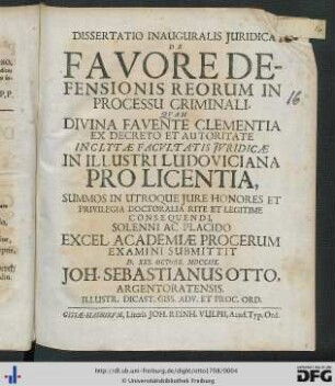 Dissertatio Inauguralis Juridica De Favore Defensionis Reorum In Processu Criminali
