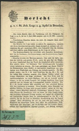 [1850/51]: Bericht der Loge Zum Goldnen Apfel in Dresden an ihre auswärtigen BBr. : auf das Maurerjahr ..