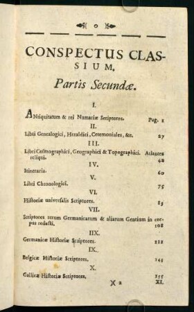Conspectus Classium. Partis Secundae.