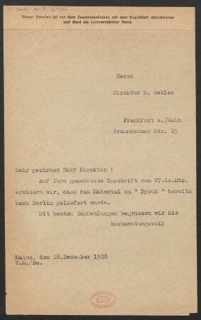 Brief an Bernhard Sekles : 28.12.1928