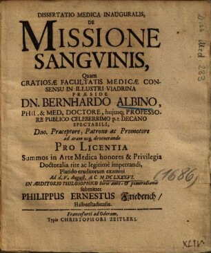 Dissertatio Medica Inauguralis, De Missione Sangvinis [Sanguinis]