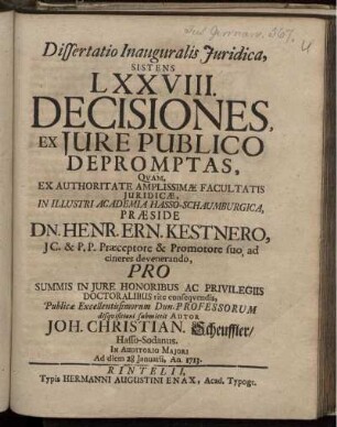 Dissertatio Inauguralis Juridica, Sistens LXXVIII. Decisiones, Ex Jure Publico Depromptas