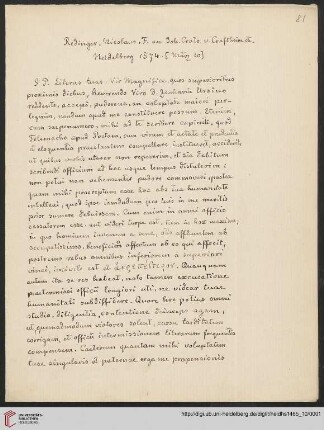 Briefabschriften von Ernst Volger (1888) aus der Sammlung Rehdiger der Stadtbibliothek Breslau. Teil I: Baudiss, Beutterich, Ehemius, Haller, Melissus, Ostrorog, Pareus, Rehdiger und Reuter.: Brief von Nicolaus Rehdiger <III.> an Johannes Crato
