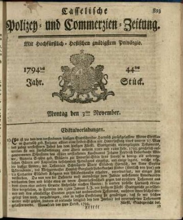 44tes Stueck, Montag den 3ten November 1794