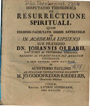 Disputatio Theologica De Resurrectione Spirituali