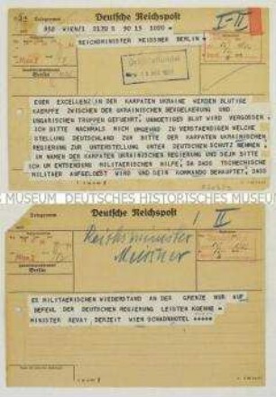 Telegramm des karpatoukrainischen Ministers Revay an Otto Meissner mit der Bitte um militärische Hilfe gegen die ungarische Besetzung