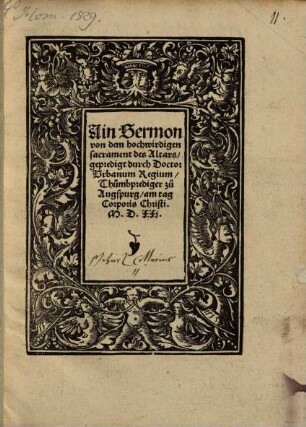Ain Sermon von dem hochwirdigen sacrament des Altars