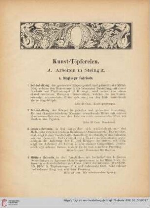 A. Arbeiten in Steingut (Nr. 1 - 90)