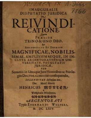 Inauguralis Disputatio Juridica De Reivindicatione
