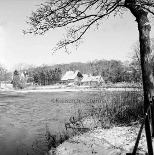 Mühlenteich mit Eisdecke: vorn Böschung mit Schilf, rechts Baum: am gegenüberliegenden Ufer Häuser und Bäume: Winter