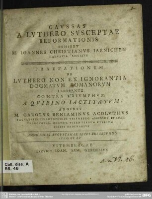 Caussas A Luthero Susceptae Reformationis