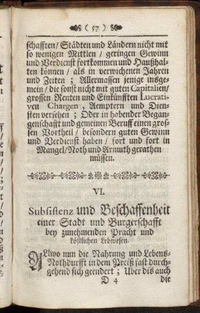 VI. Subsistenz und Beschaffenheit einer Stadt und Burgerschafft bey zunehmenden Pracht und köstlichen Lebwesen.
