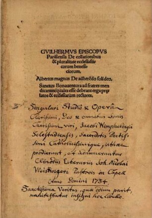 Gvilhermvs Episcopvs Parisiensis De collationibus & pluralitate ecclesiasticorum beneficiorum