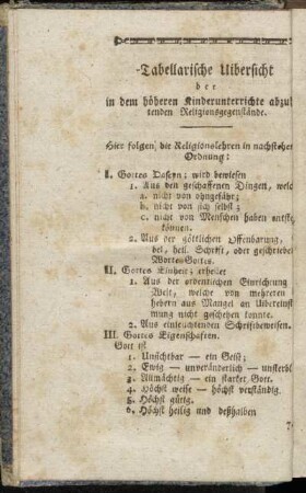 Tabellarische Uibersicht der in dem höheren Kinderunterrichte abzubetenden Religionsgegenstände.