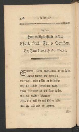 An die Hochwohlgebohrne Frau, Charl. Rud. Fr. v. Ponikau. Bey Ihrer bevorstehenden Abreise