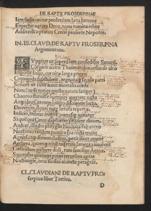Cl. Claudiani De Raptu Proserpinae liber Tertius.
