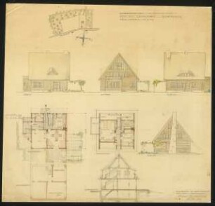 Ländliches Wohnhaus für Herrn Sczesny, Kolberg: Vorentwurf: Lageplan, Ansichten, Grundrisse EG, DG, KG, Querschnitt