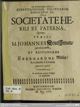 Exercitationum politicarum disputatio III. de societate herili et paterna