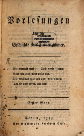 Vorlesungen über die Geschichte fürs Frauenzimmer, 1