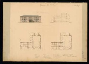 Theater für Wismar Monatskonkurrenz Mai 1839: Grundriss Erdgeschoss, Obergeschoss, Aufriss Vorderansicht, Querschnitt; Maßstabsleiste, Raumplan