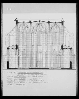 Zwettl-Niederösterreich, Zisterzienserkloster, Kloster- und Pfarrkirche Mariä Himmelfahrt, Querschnitt mit Blick nach Osten