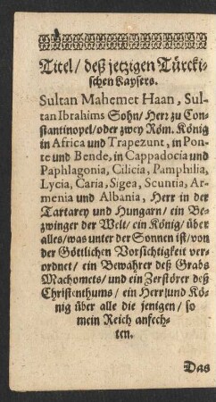 Titel/ deß jetzigen Türckischen Kaysers.