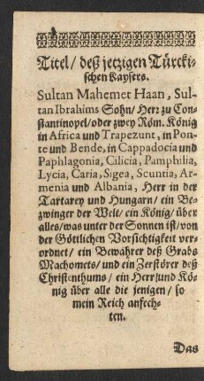 Titel/ deß jetzigen Türckischen Kaysers.
