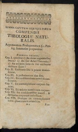Summa Capitum Cujusque Partis Compendii Theologiae Naturalis