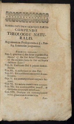 Summa Capitum Cujusque Partis Compendii Theologiae Naturalis