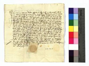 1449 Feb. 14 (Fr, St. Valentin) Ulrich von Schneyten, gefangengesetzt von Stefan von Hoppingen, Komtur zu Mergentheim, weil er sich in Mergentheim etwas zuschulden kommen ließ, schwört Urfehde. Sr.: Kaspar Sützel von Mergentheim Ausf. Pap. - 1 Pap.-Sg. - Rv.