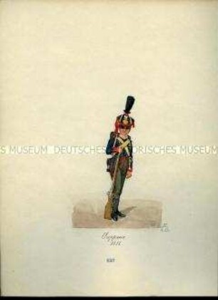 Uniformdarstellung, Sappeur, 1811. Aus: Sammelmappe "Sachsens Militär", Königliche Arsenalsammlung.