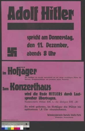 Plakat der NSDAP zu einer Rede von Adolf Hitler am 11. Dezember 1930 in Braunschweig