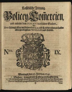 Nro. IX, Montags, den 27. Februar 1741