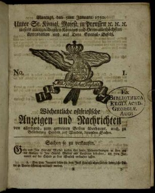 No. 1. Montags, den 5ten Januarii 1750.