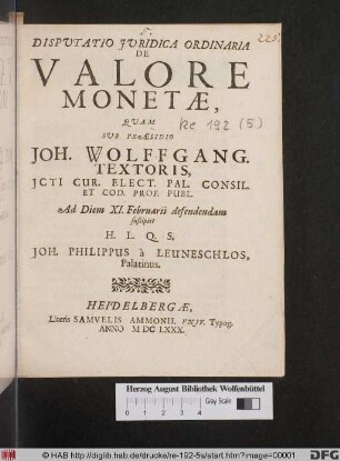 Disputatio Iuridica Ordinaria De Valore Monetae