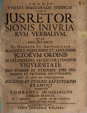 Theses inaugurales iuridicae circa ius retorsionis iniuriarum verbalium