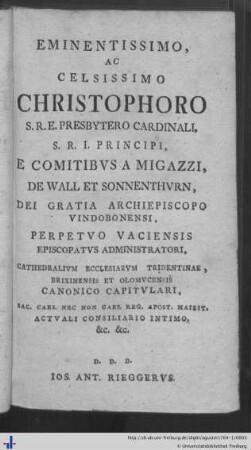 Eminentissimo ac celsissimo Christophoro S. R. E. presbyterio cardinali…