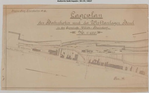 Beuel, Bahnhof: Lageplan des Bahnhofs und der Werftanlagen Beuel in der Gemeinde Vilich-Rheindorf. Fragment.
