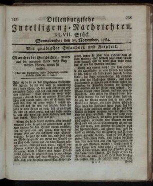 XLVII. Stück. Sonnabends: den 20. November, 1784.